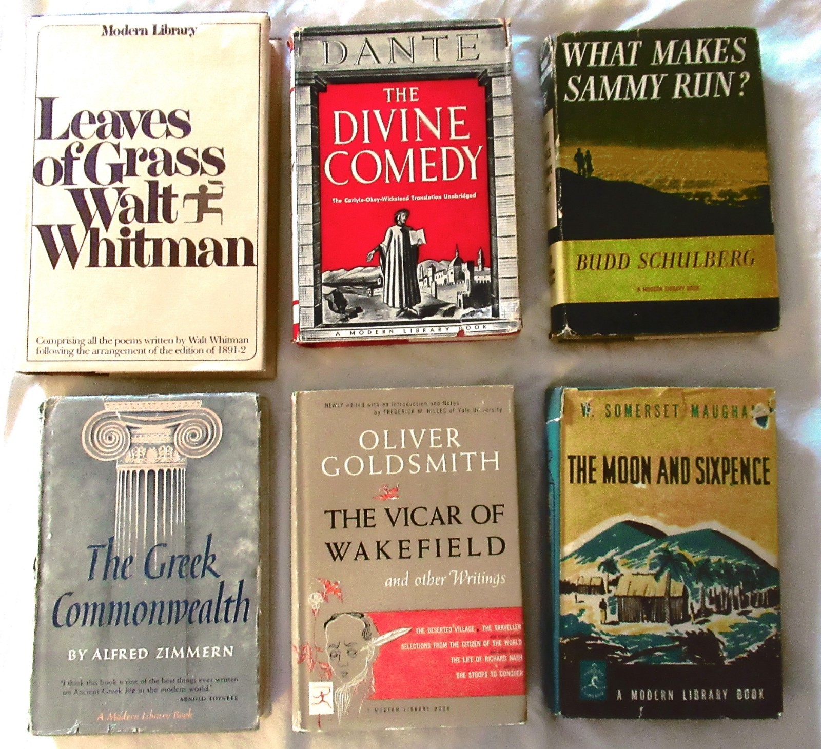 6 MODERN LIBRARY HCdj Books Schulberg, Dante, Maugham, Whitman, Goldsmith + 1
