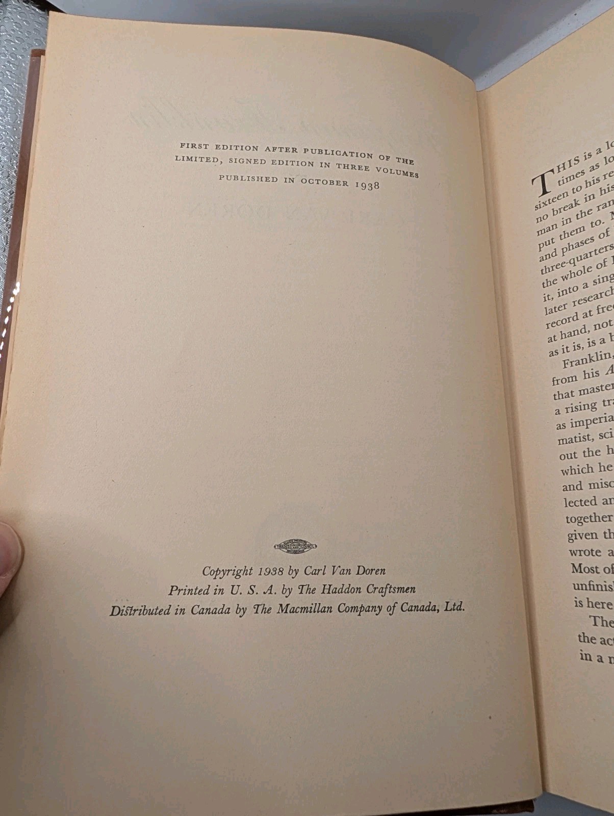 Van Doren, Carl: Benjamin Franklin **Pulitzer** HB/No DJ 1st Thus, 1938