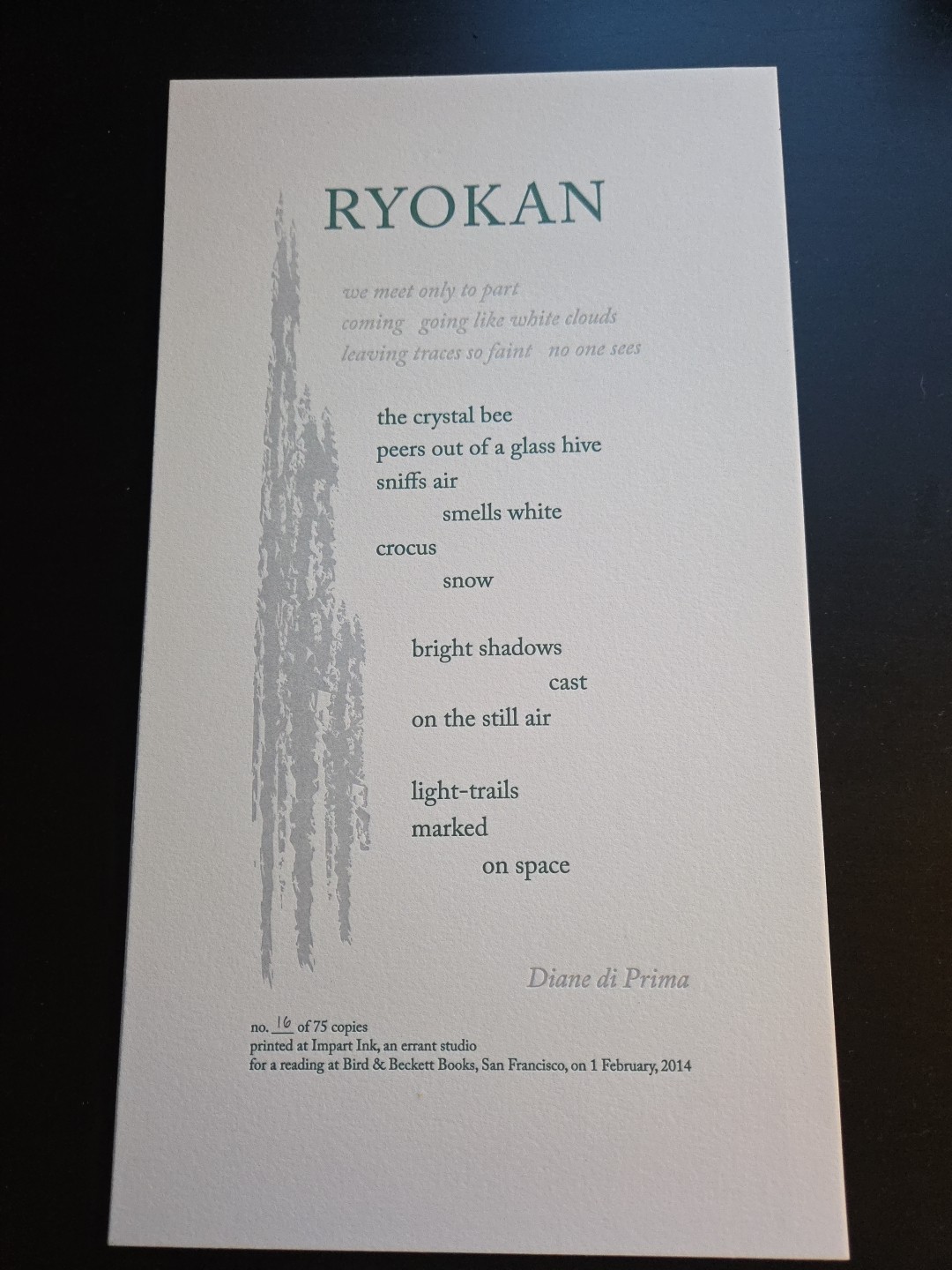 Diane di Prima Ryokan Broadside Limited Edition Numbered 2014