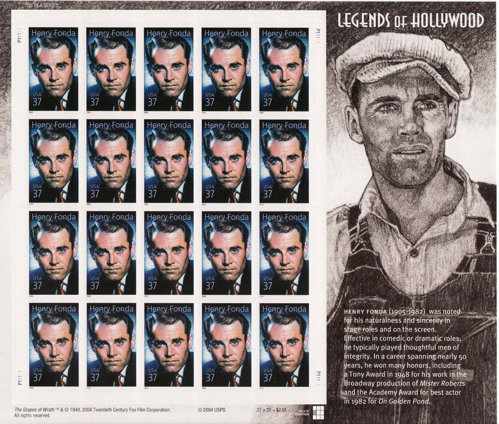 The Grapes of Wrath by John Steinbeck (20 U.S. Stamps, Henry Fonda as Tom Joad)