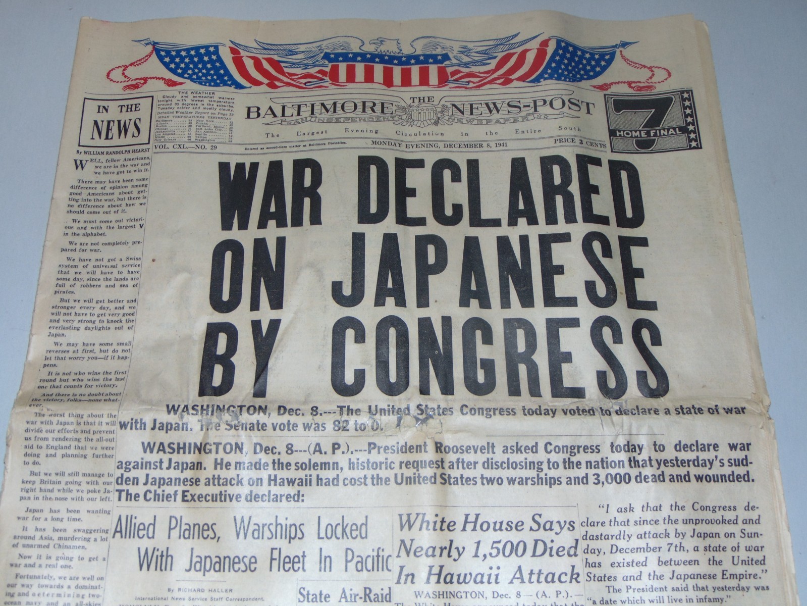 DEC. 8, 1941 „BALTIMORE NEWS-POST“ WWII NEWSPAPER: U.S. DECLARES WAR ON JAPAN