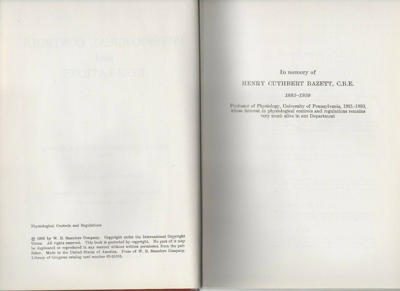 Physiological Controls Regulations 1757-1965 William S Yamamoto Signed 1st Ed HC