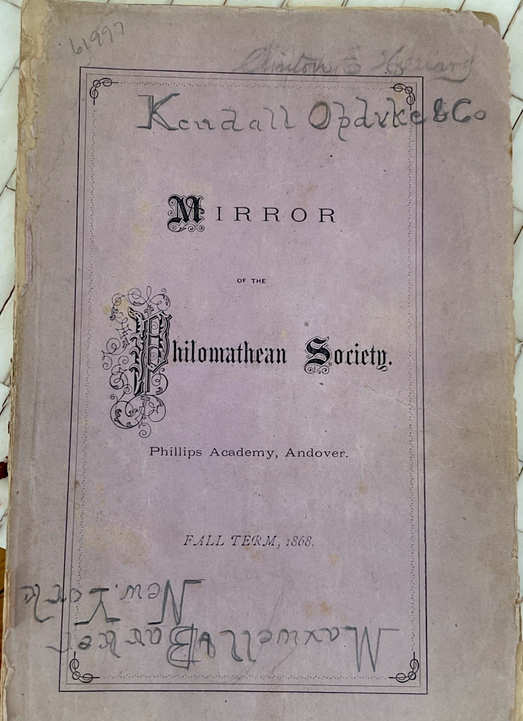 1868 Phillips Academy-Andover Mirror Phliomathean Society literary + baseball