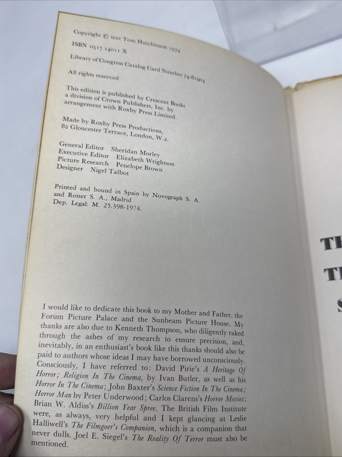 Horror And Fantasy In The Movies Book Tom Hutchinson Crescent Books 1974 HC DJ