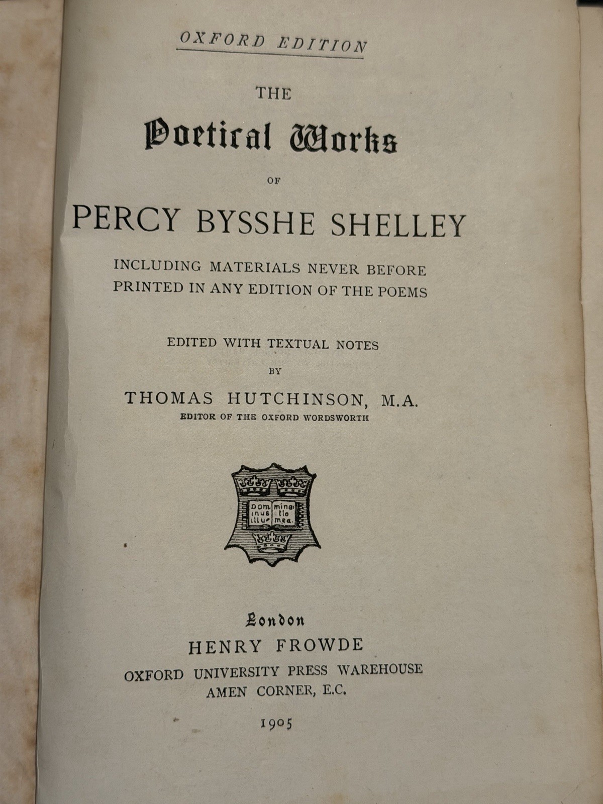 1905 Shelley Poetical Works Percy Bysshe Shelley Oxford Edition Henry Frowde OUP
