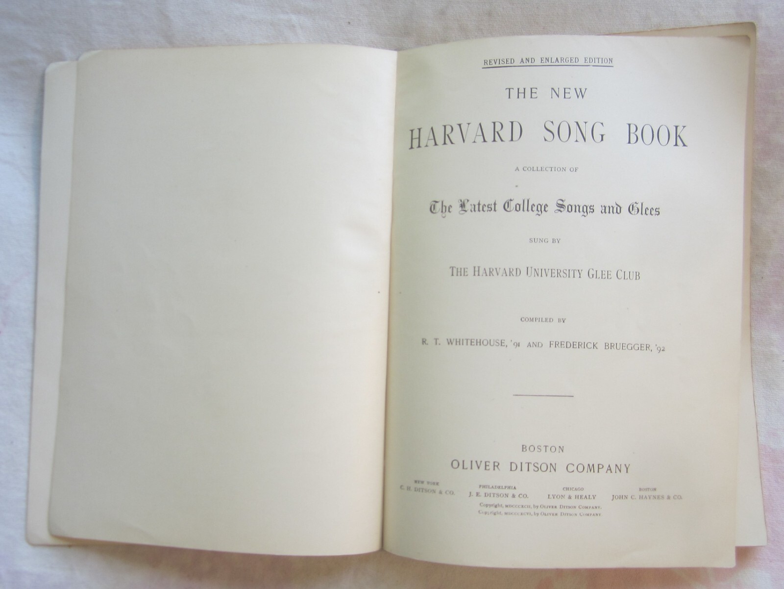 The NEW HARVARD SONG BOOK — Revised & Enlarged Edition — OLIVER DITSON, 1896