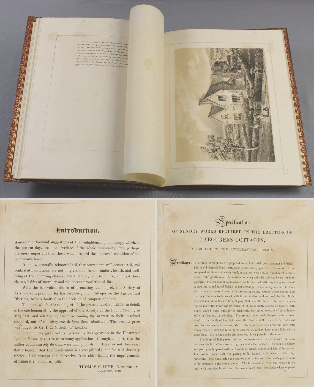 Architecture – 1848 – Working Class Cottage – FINE binding – tinted lithographs