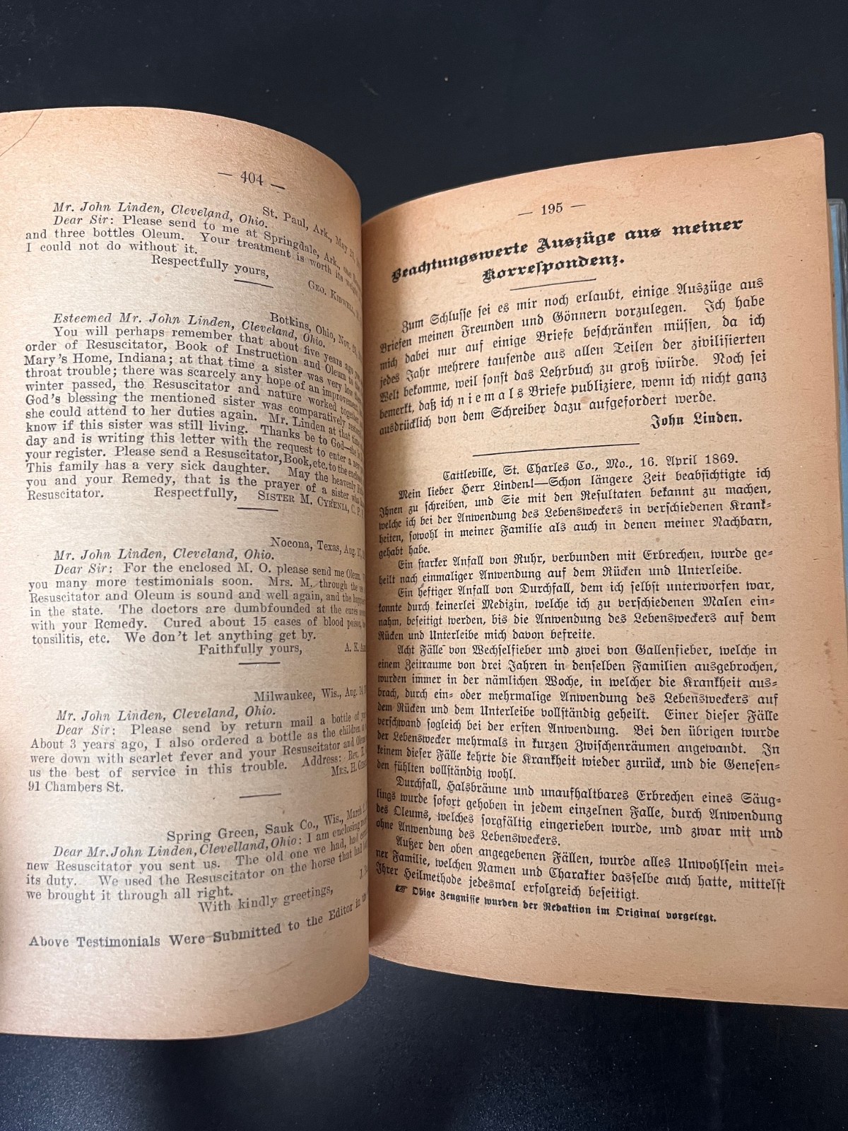 Rare Book: John Linden „Important Extracts from my Correspondence“ 1800s Oleum