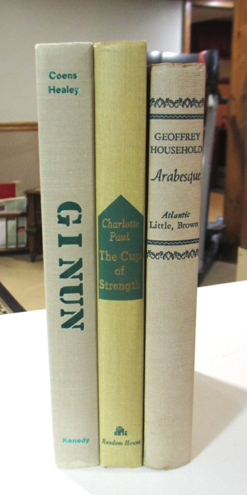 DECOR Book lot 3 Library Shelf Display Vintage Classics Beige Green Text VG COND