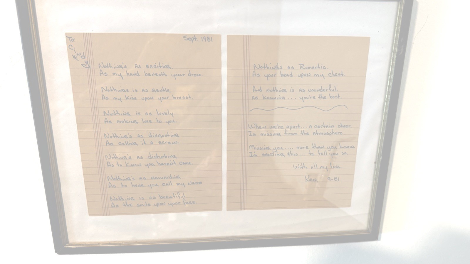 Anonymous 1981 Handwritten Love Manuscript-Framed Original Romantic Ephemera 1/1