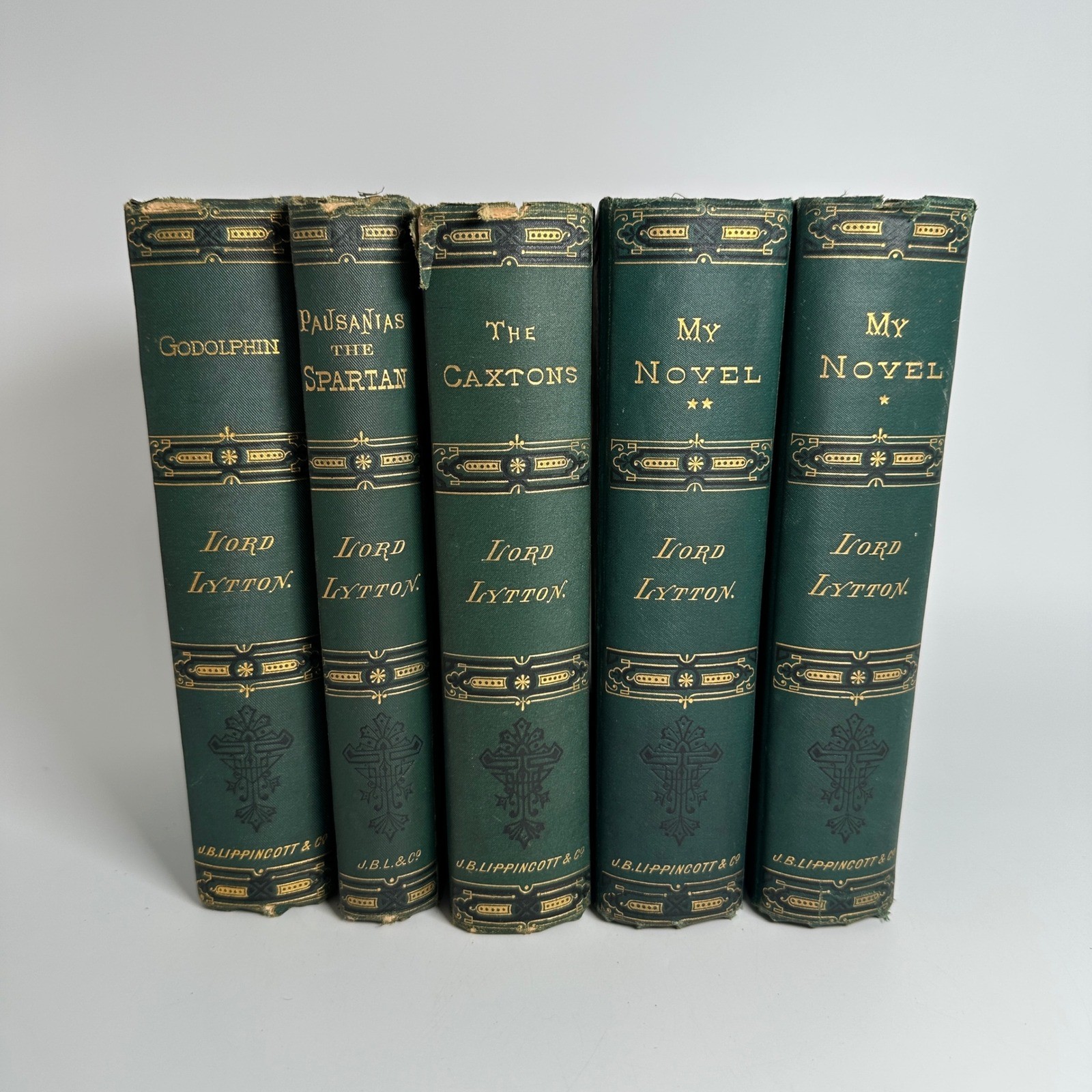 J.B. Lippincott Lord Lytton Edition Books 5 Vol Set Green 1876 Gold Gilt Gilded