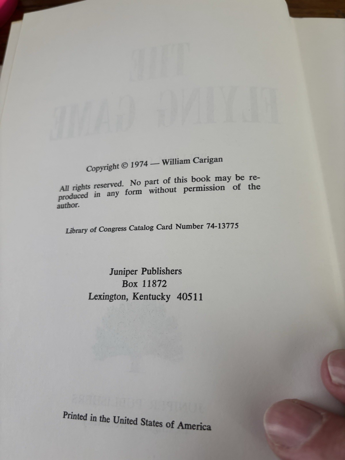 RARE SIGNED! The Flying Game by William Carigan. 1st. 1974. VG/VG