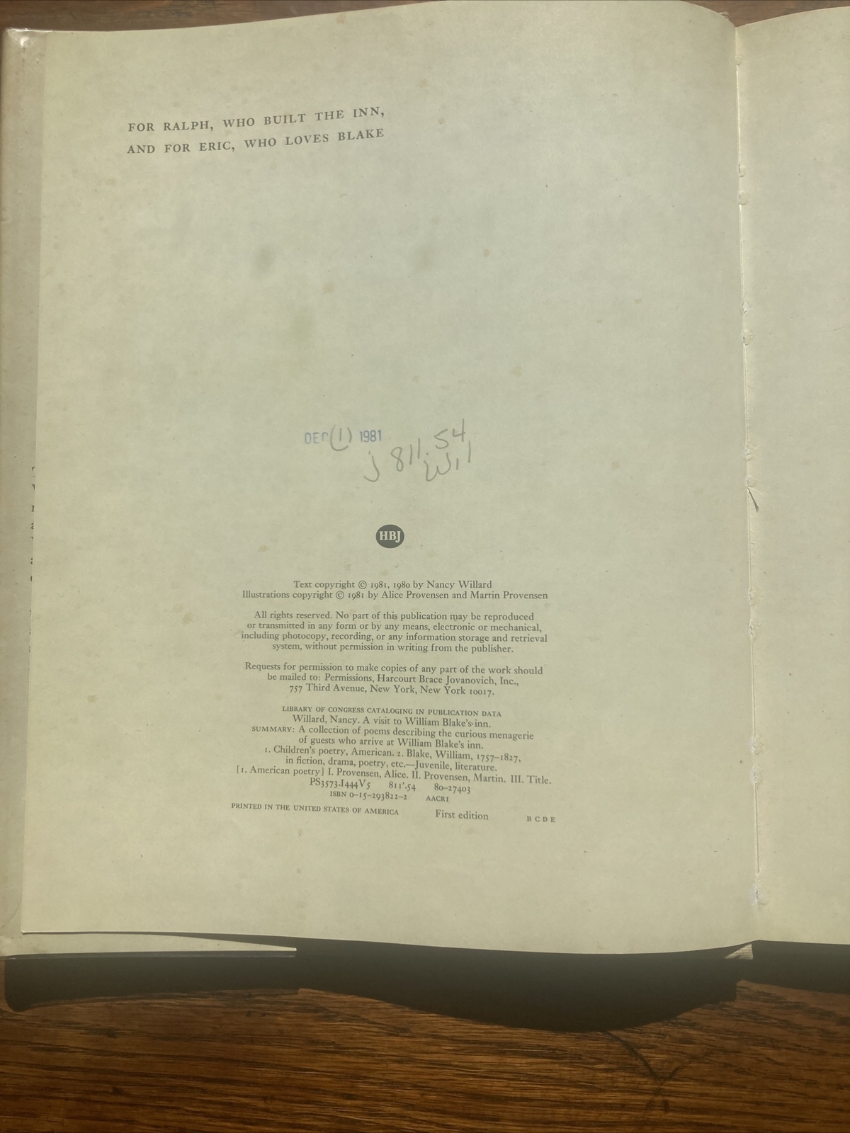 A Visit to William Blake’s Inn –  Willard – 1981 1st Edition – HC/DJ – ex-lib 