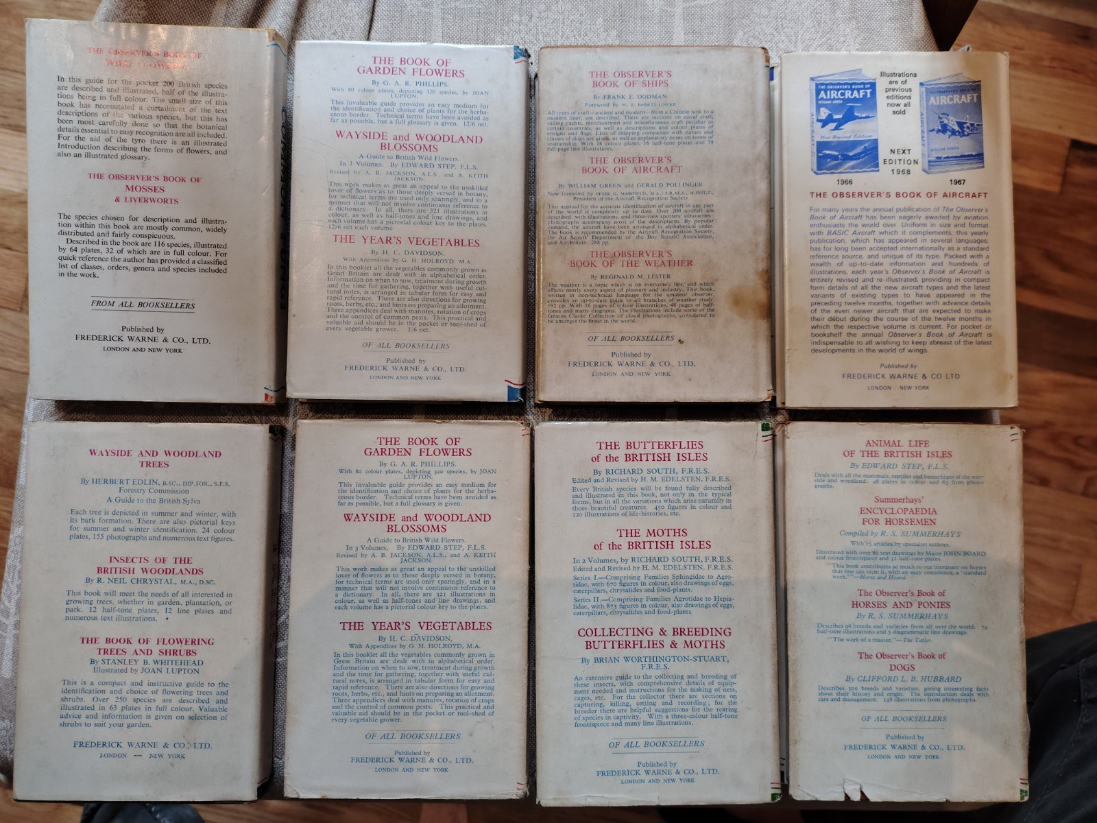 8 x The Observer’s Book of # 2, 3, 4, 5, 19, 20, 21, 38, all with dust covers.