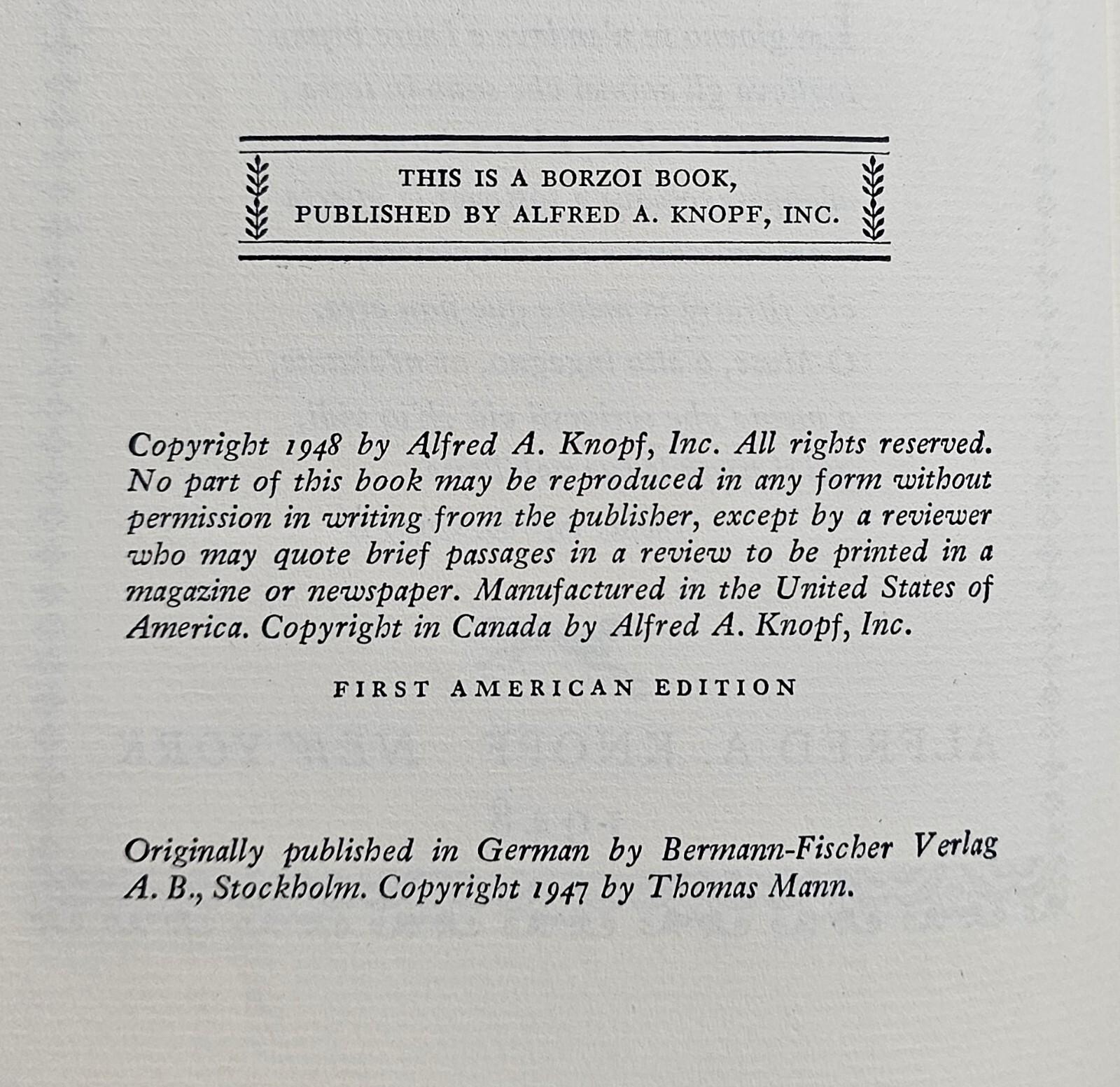 Doctor Faustus by Thomas Mann – Stated 1st Edition 1948 – Hardcover Dust Jacket