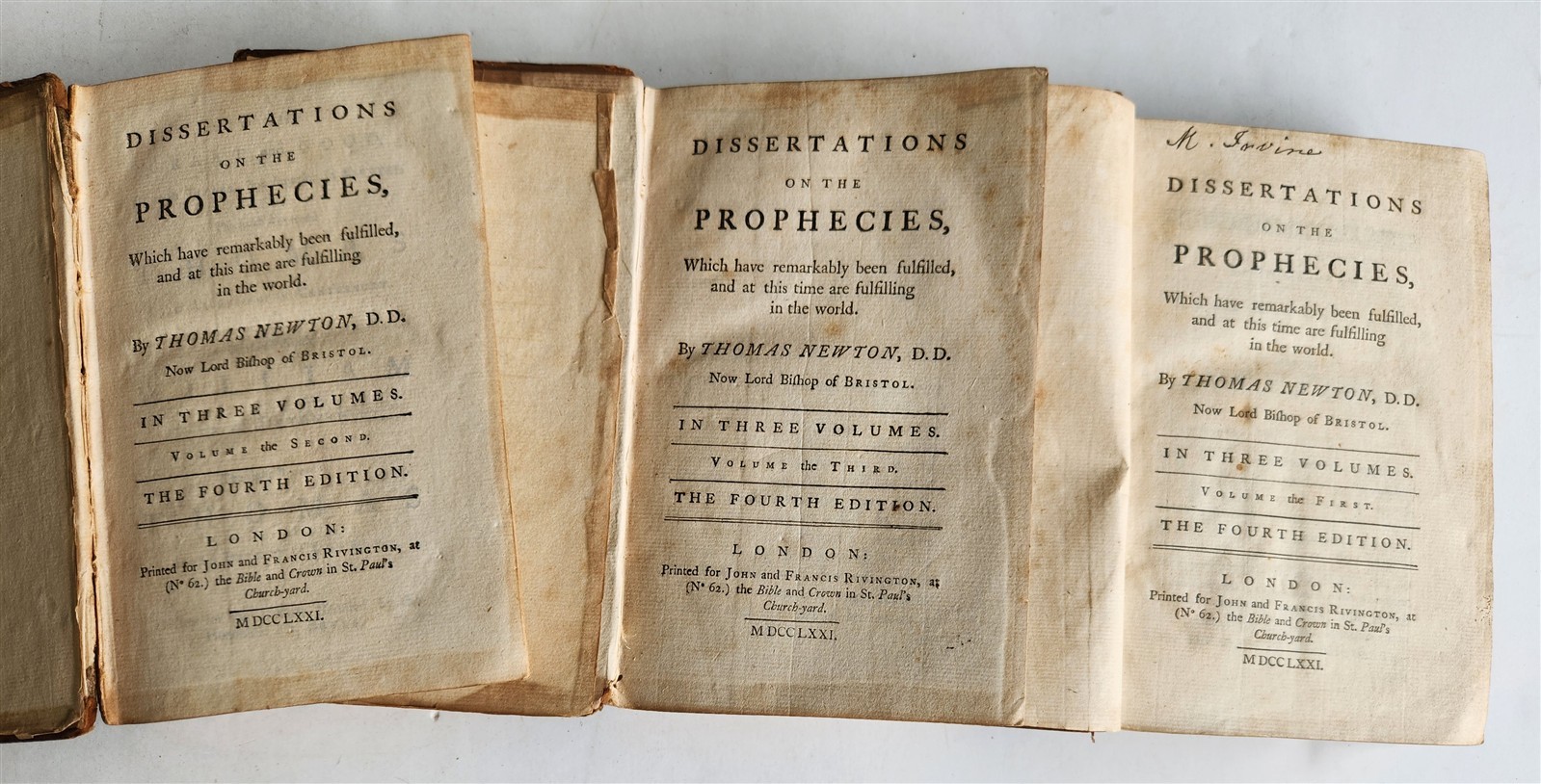 1771 THOMAS NEWTON Dissertations on the Prophecies 3 VOLUMES SET antique 18th C.