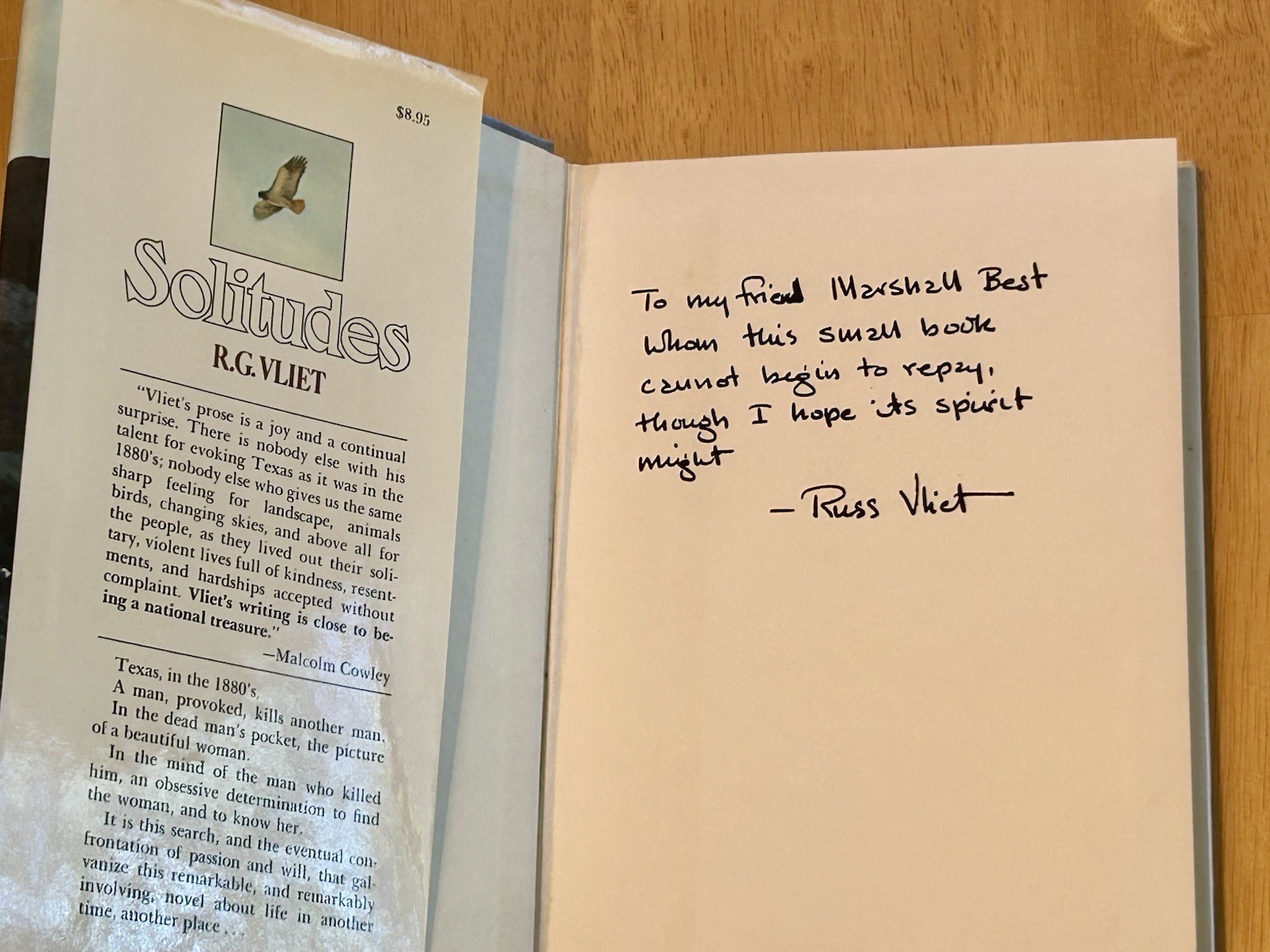 SIGNED R.G. Vliet Solitudes 1st Ed 1977 ASSOCIATION COPY to Editor Marshall Best