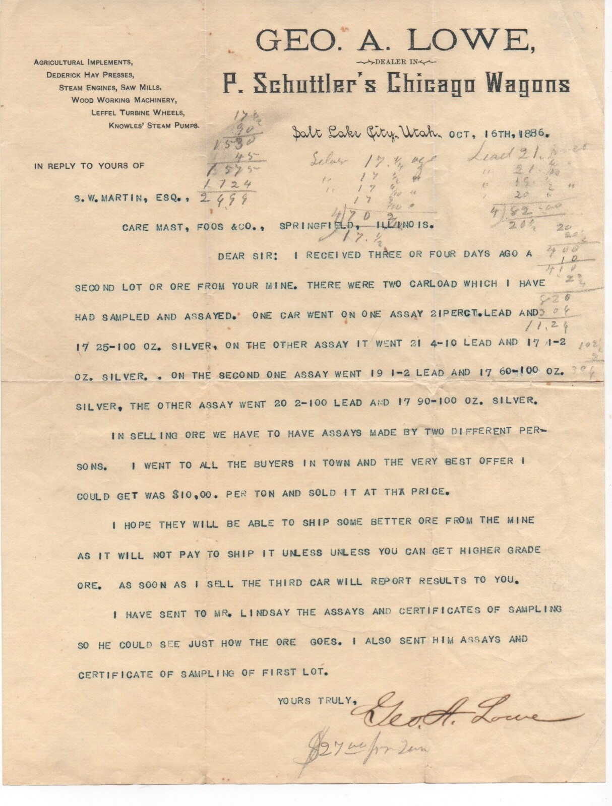 1886 George Lowe Letter from Salt Lake City Utah regarding Assaying Ore Samples