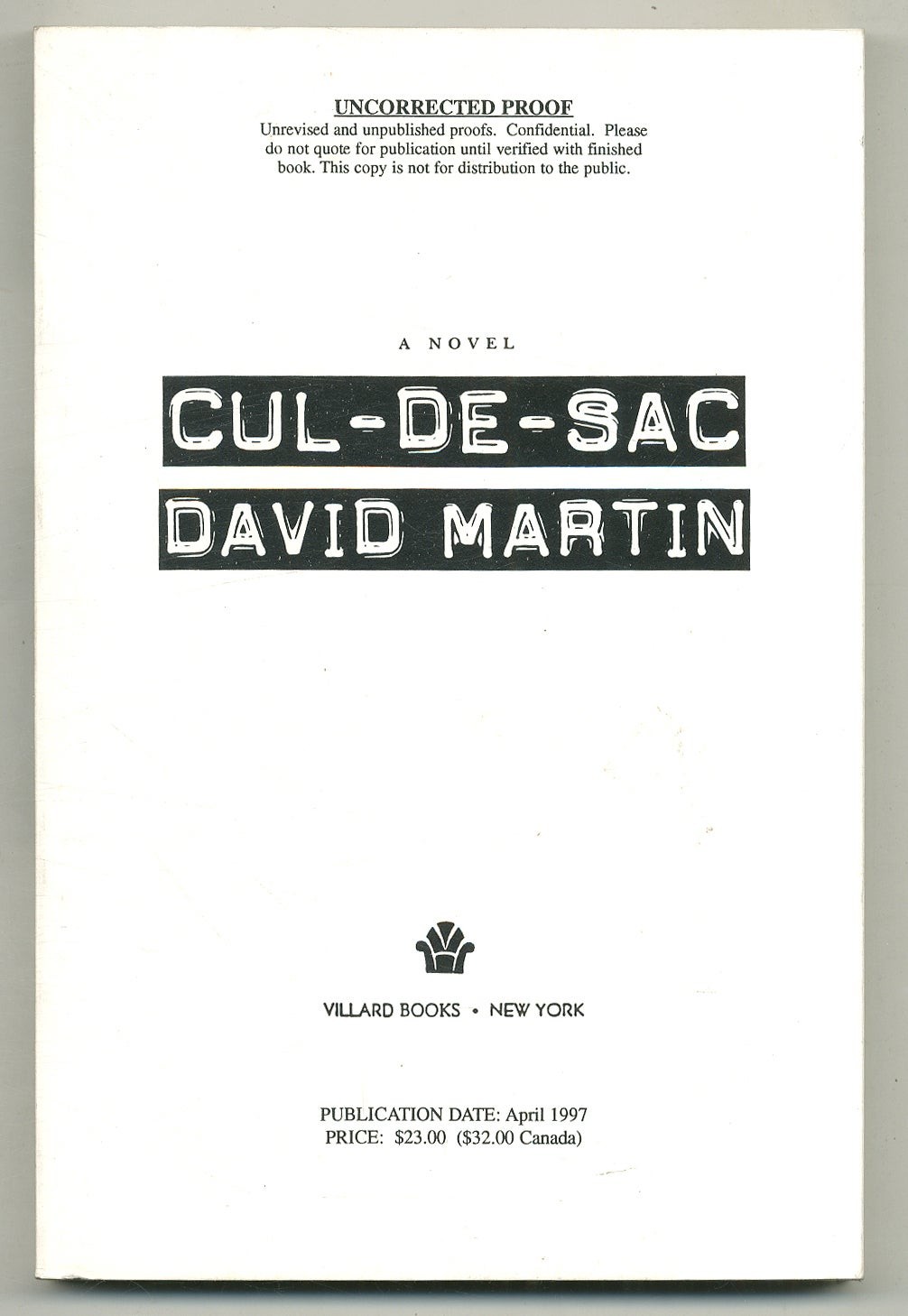 David MARTIN / Cul-De-Sac Uncorrected Proof 1st 1997