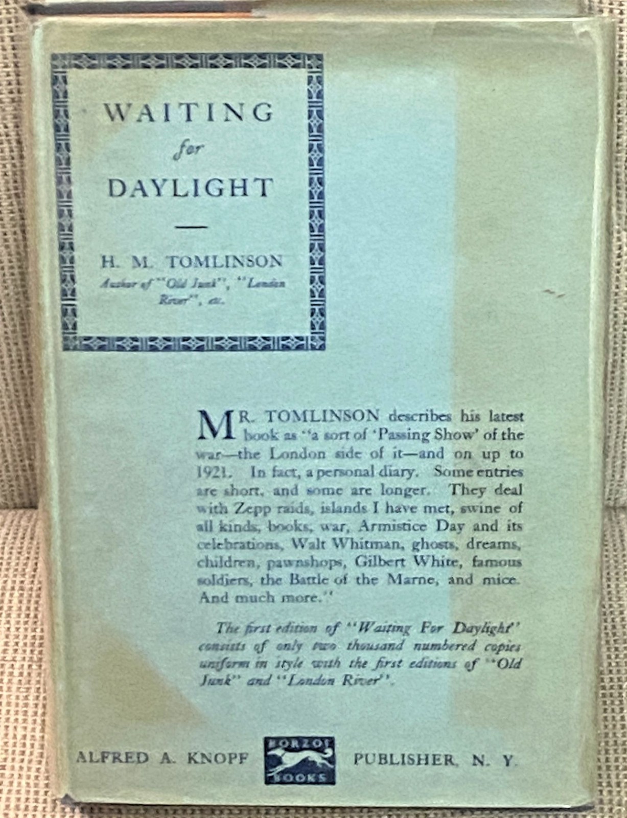 H M Tomlinson / WAITING FOR DAYLIGHT 1st Edition 1922