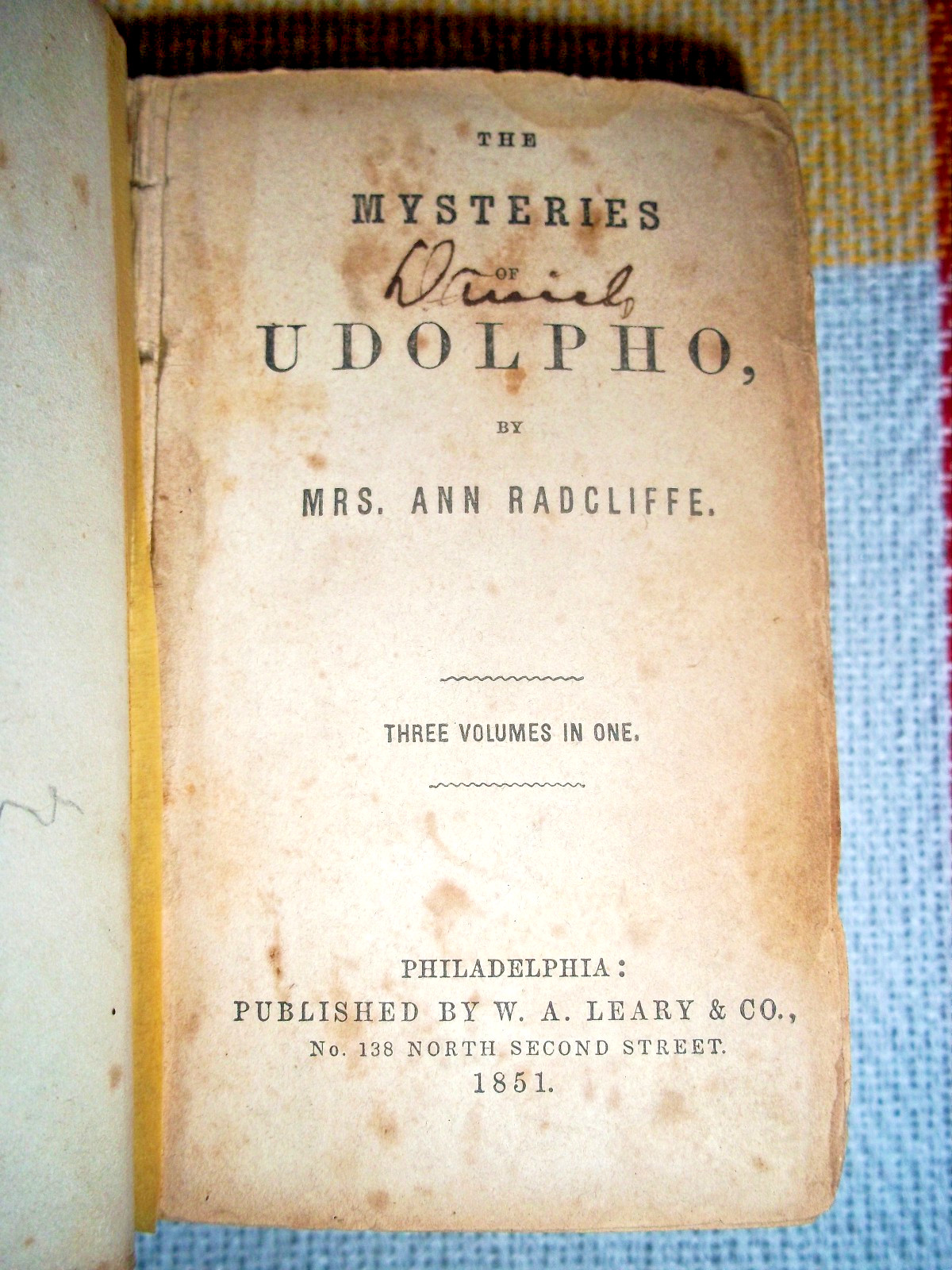 1851 The Mysteries of Udolpho, Ann Radcliffe – 3 Volumes in 1 book