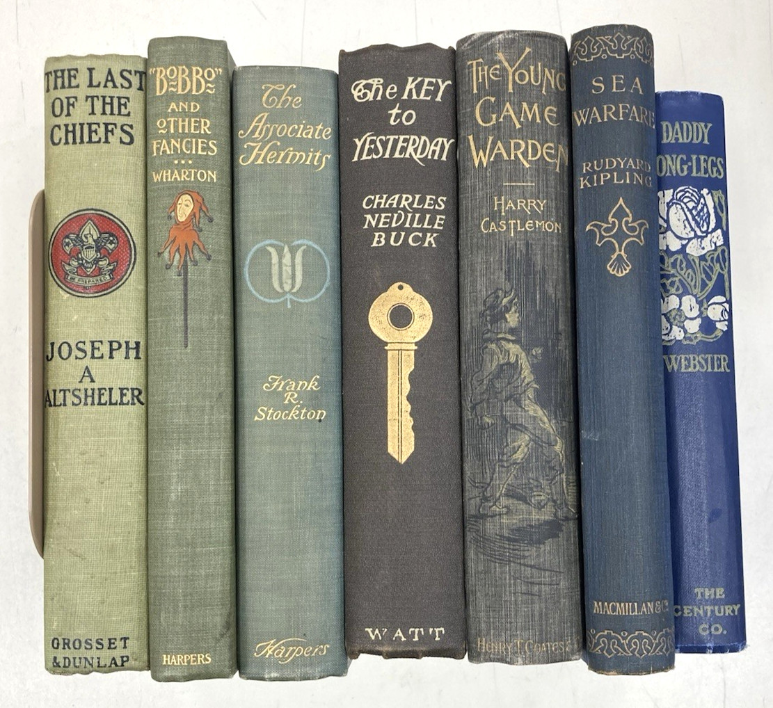 Lot of 7 Books Decorated GREEN/GRAY/BLUE Staging Display Old Antique Vtg