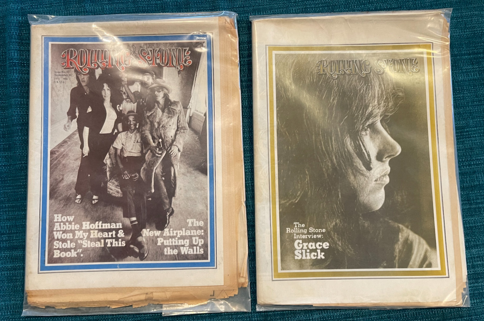 Lot 2 Vintage ROLLING STONE #70, #92 Magazines Grace Slick Jefferson Airplane