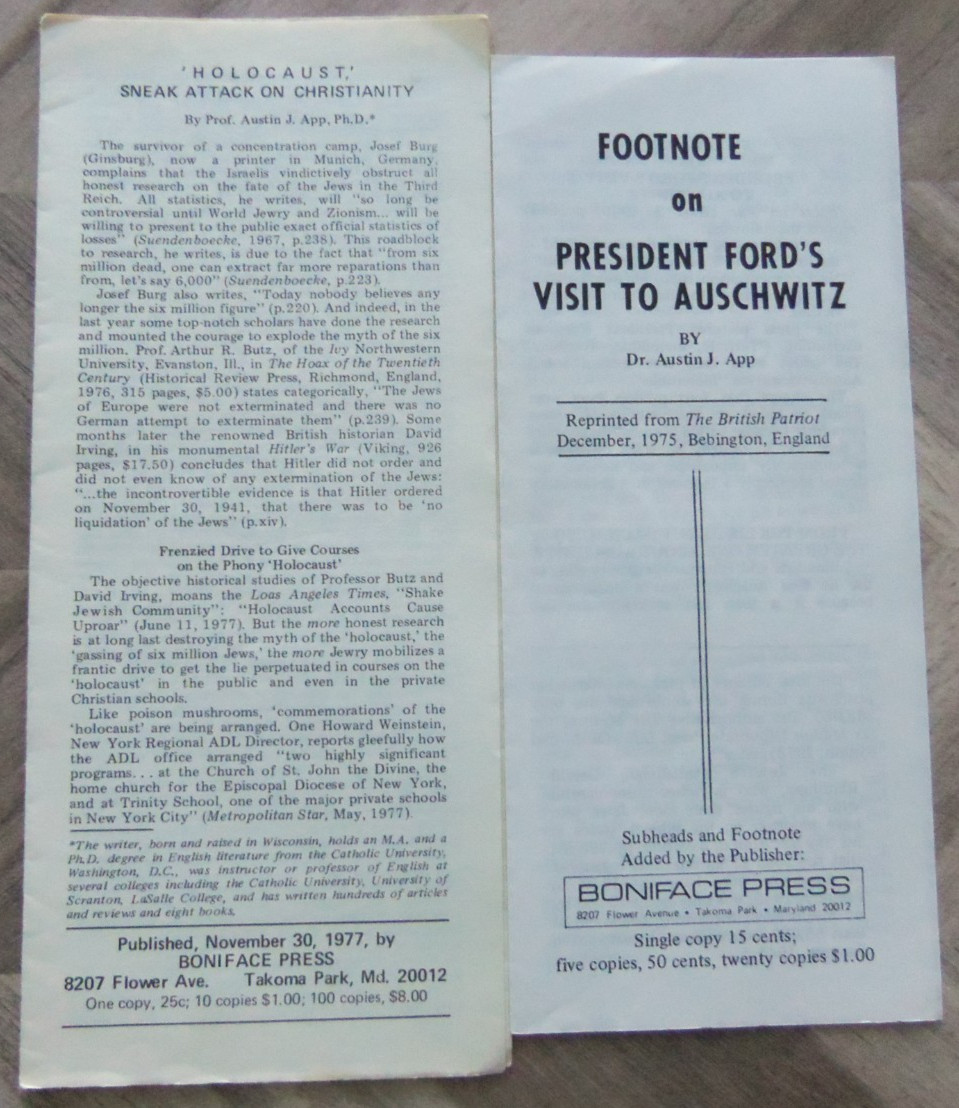 Lot of 2 AUSTIN J. APP Pamphlets HOLOCAUST Auschwitz CHRISTIANITY Free Shipping