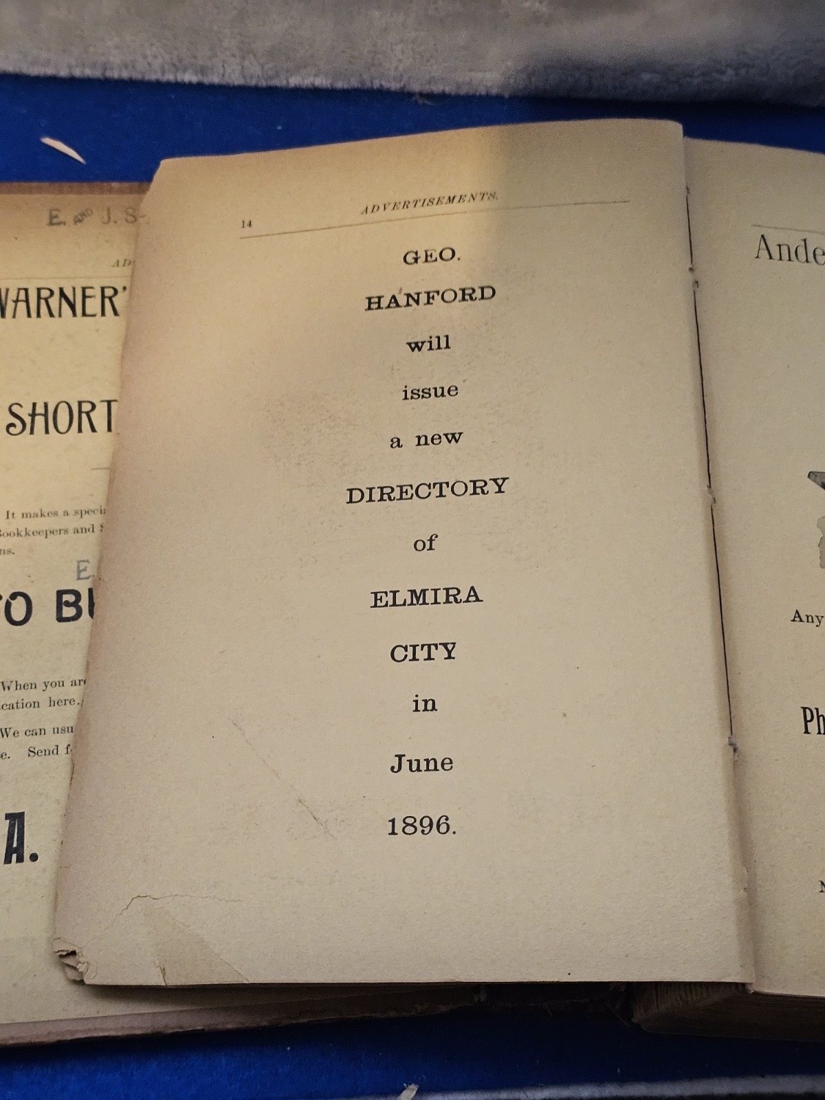 Antique 1895 Elmira NY City Directory Hanford Genealogy Business Ads New York