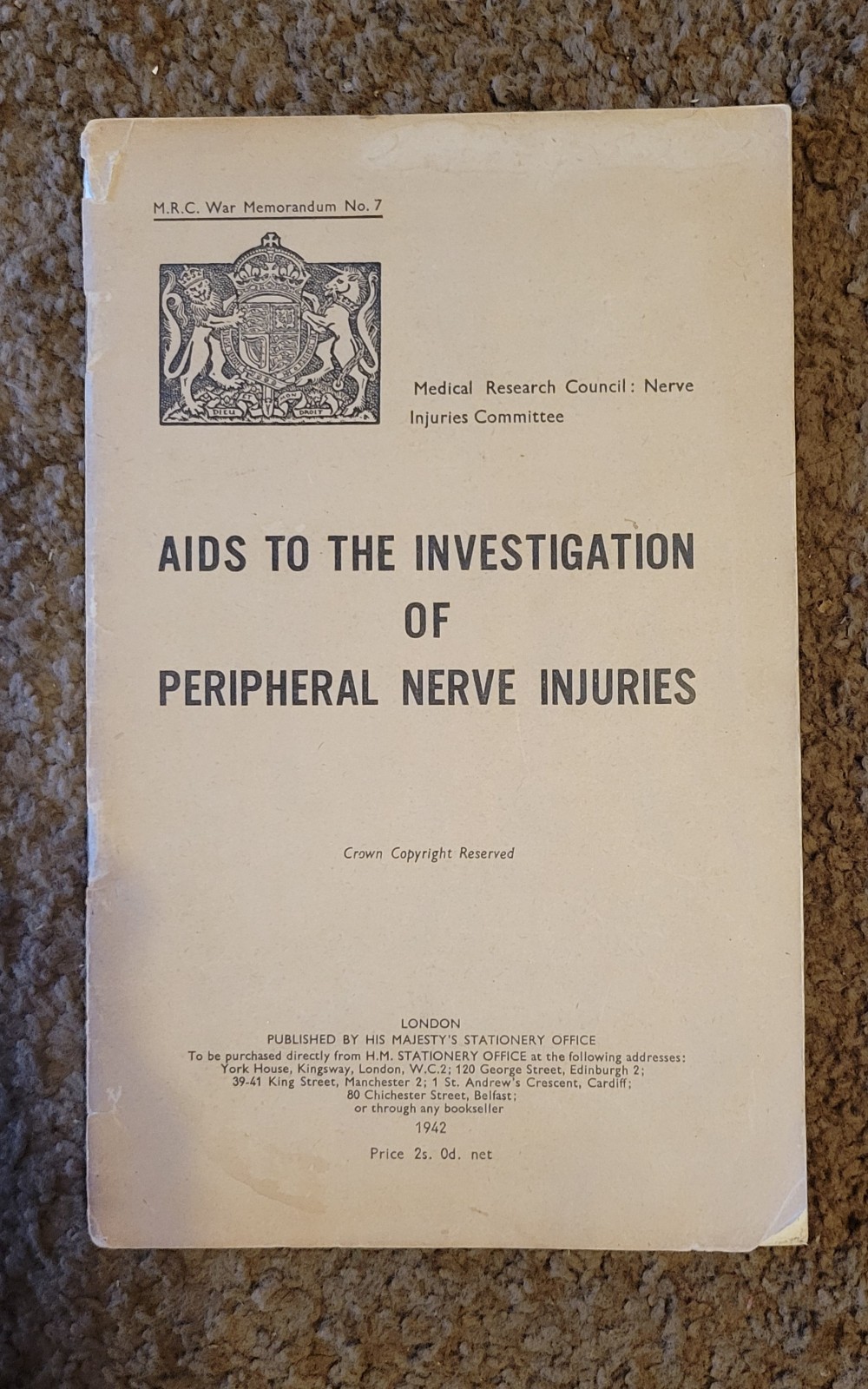HMSO 1942 War Memorandum No.7 Peripheral Nerve Injuries Softcover Illus.