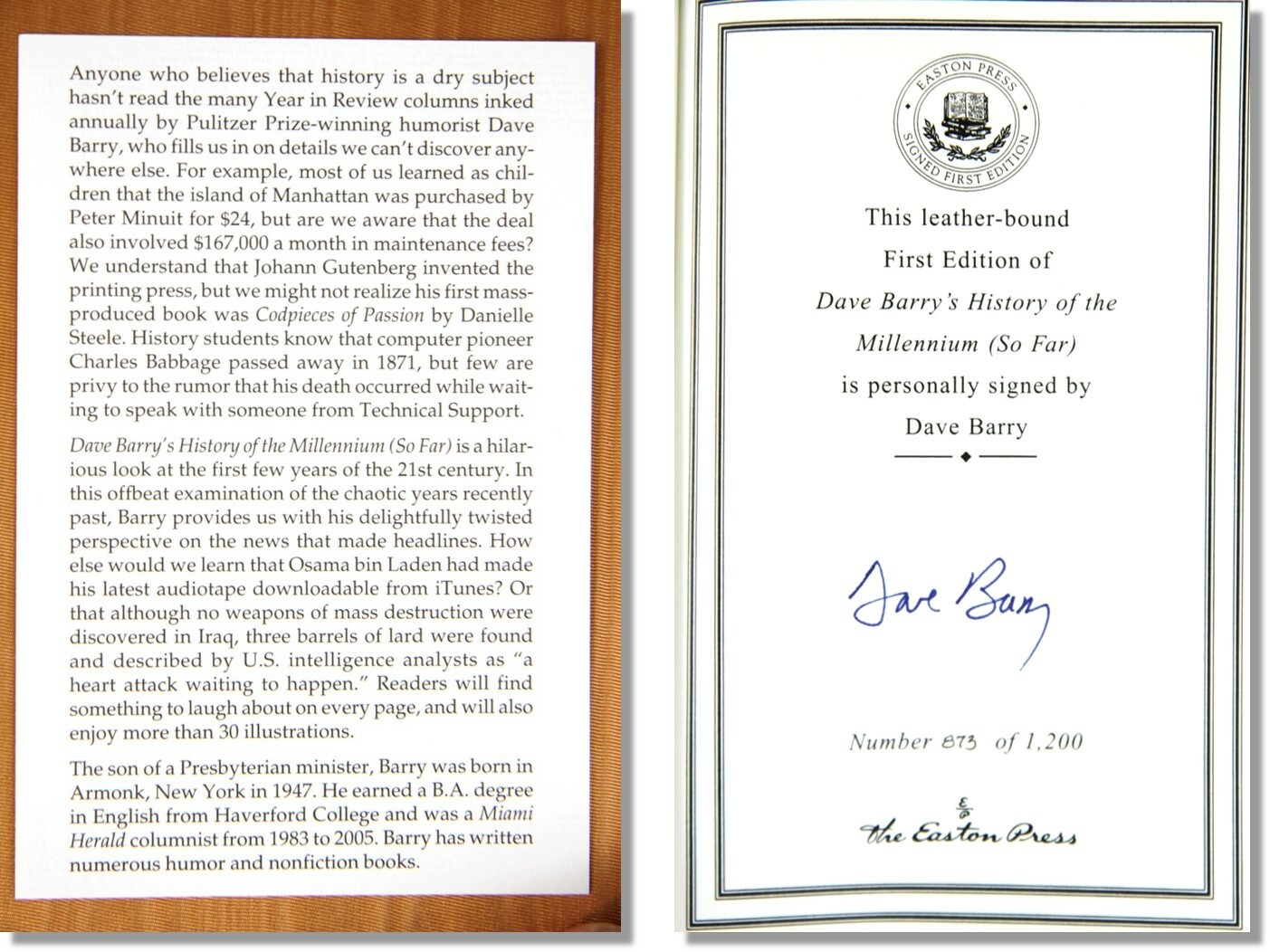 HISTORY OF THE MILLENNIUM DAVE BARRY – Easton Press?SIGNED 1ST ED SEALED w/ BOX
