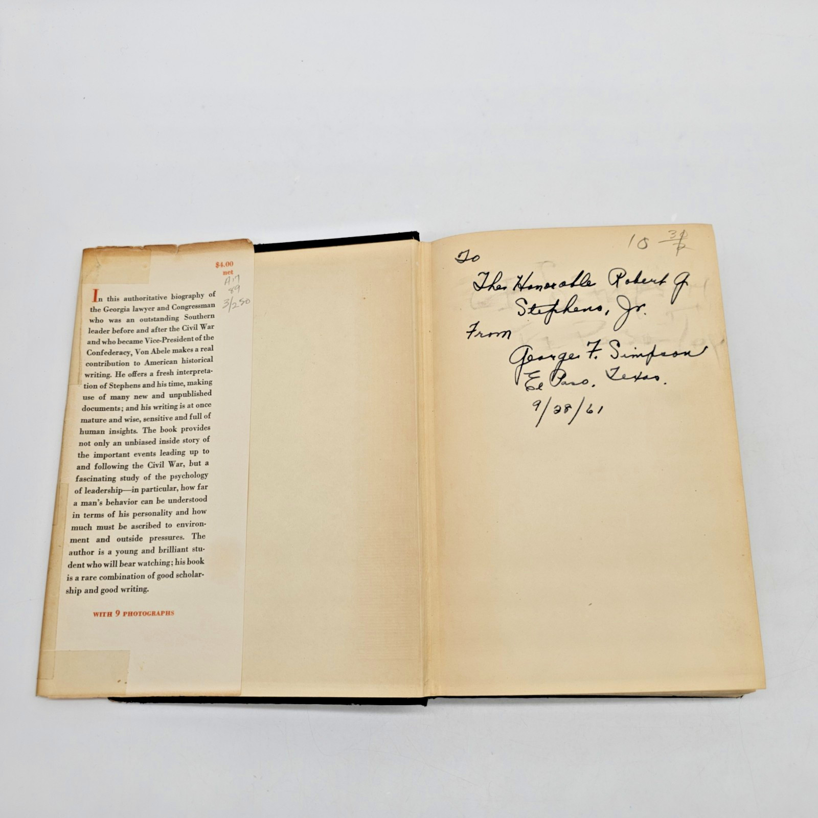 1946 Alexander H Stephens 1st Ed DJ Inscribed Congressman Robert G Stephens Jr