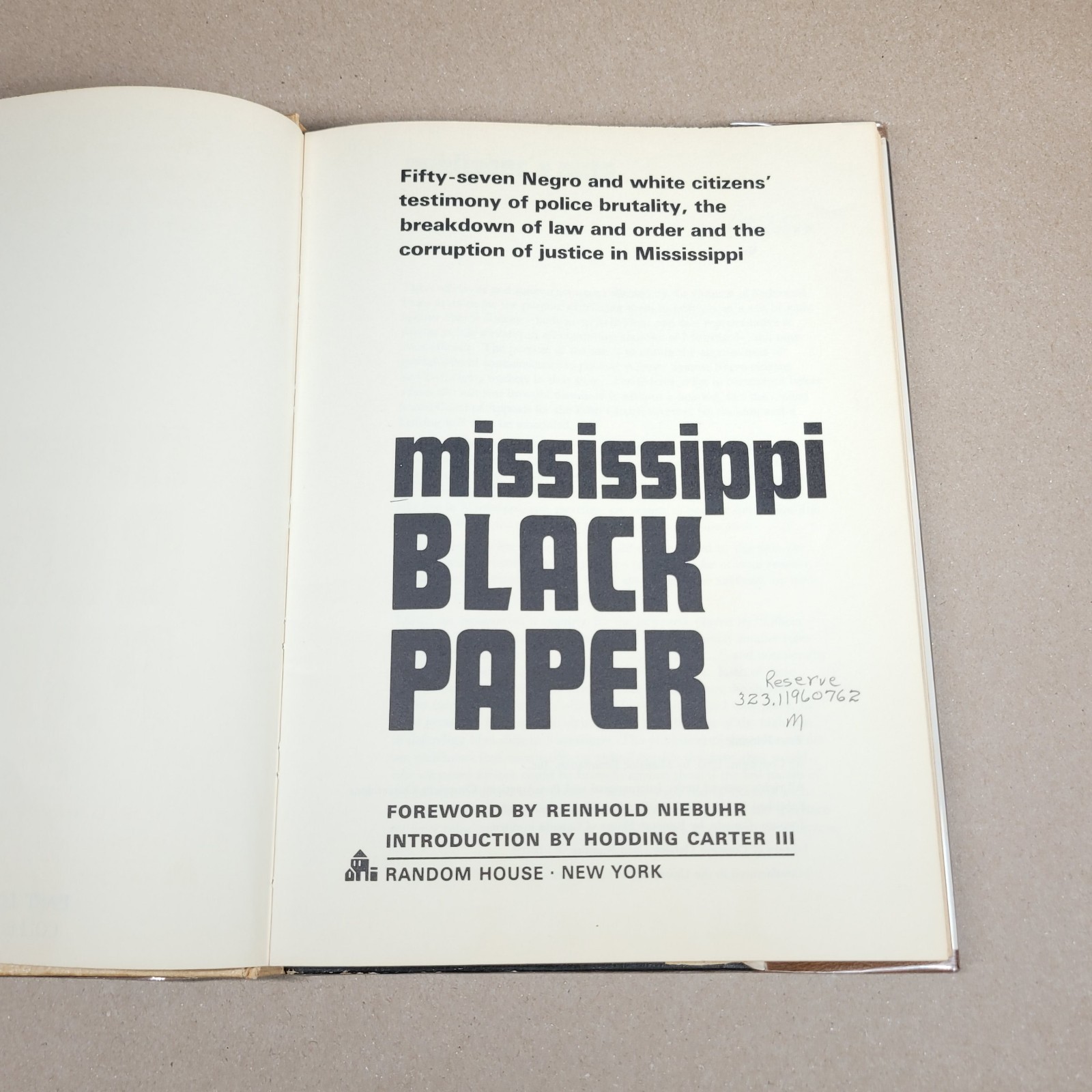 Mississippi Black Paper 1965 1st Printing Random House Hardcover