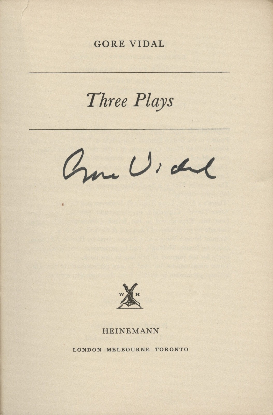 Gore Vidal THREE PLAYS Uncorrected Proof signed 1956 #164312