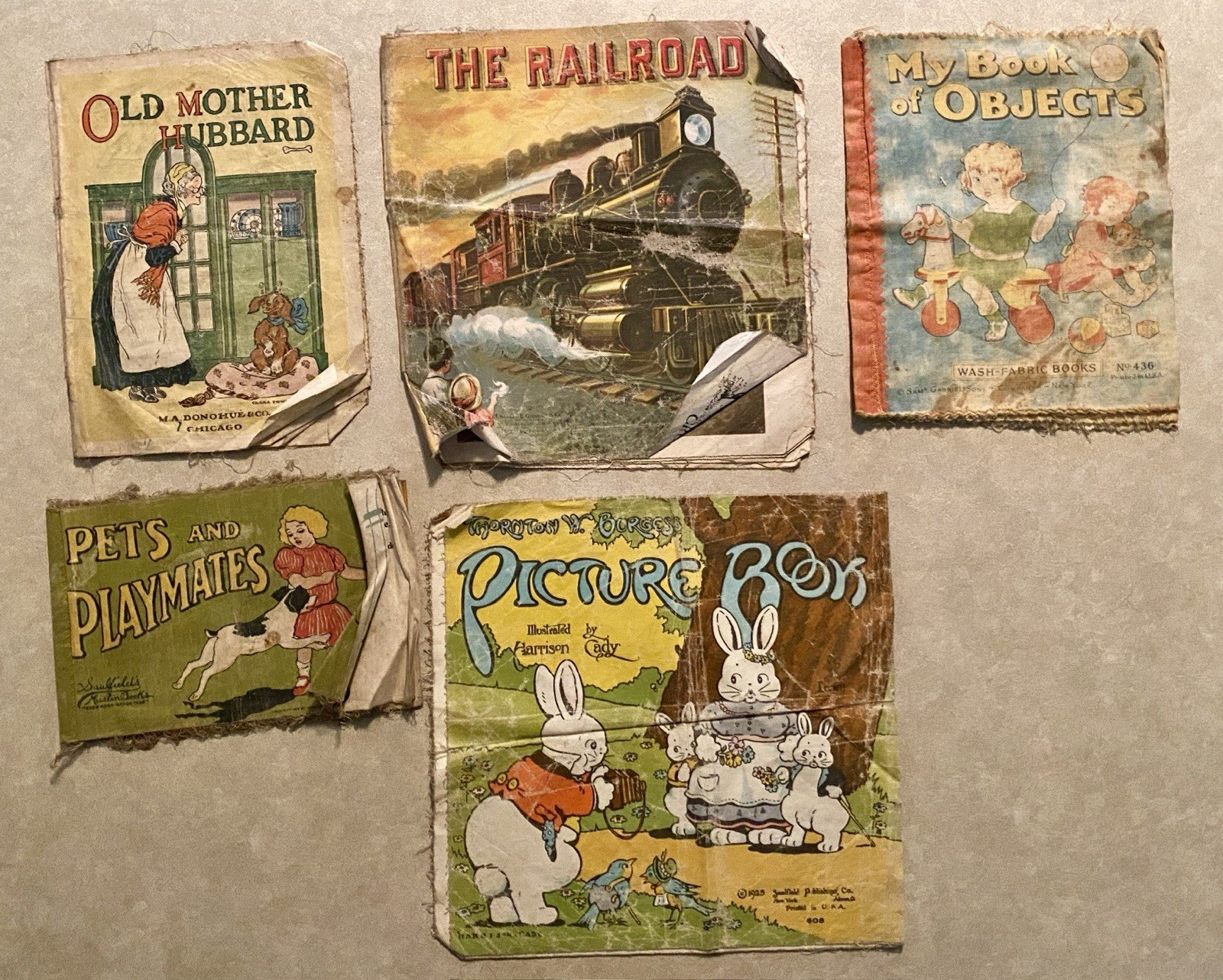 Antique Cloth Children’s Books Lot Of 6 The Railroad, Old Mother Hubbard