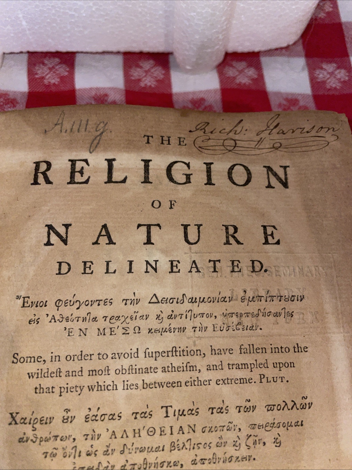 Property Of 9th Pres. William Henry Harrison The Religion Of Nature By Wollaston