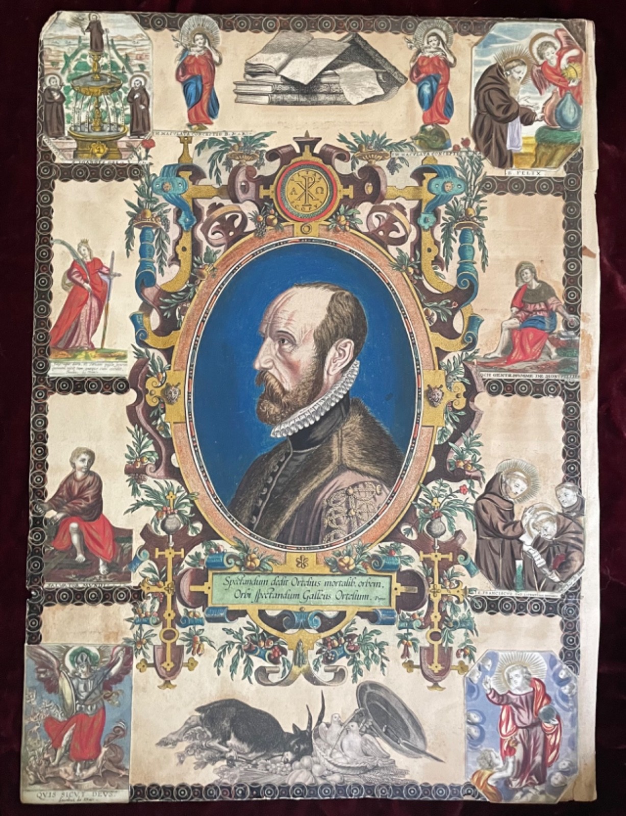 ANTIQUARIAN PRINT COLLAGE ~ ABRAHAM ORTELIUS &c. ~ EARLY ENGRAVINGS HAND COLORED