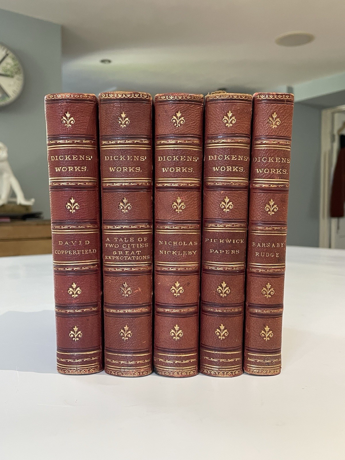5x Half Leather Volumes Of Charles Dickens Pickwick Papers, Great Expectations