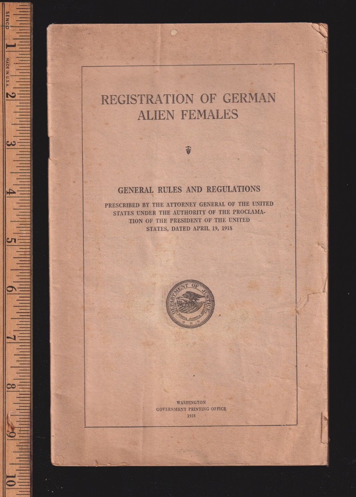 Female Alien Germans Registration by the USA during WW1, 1918 Original Gov Print