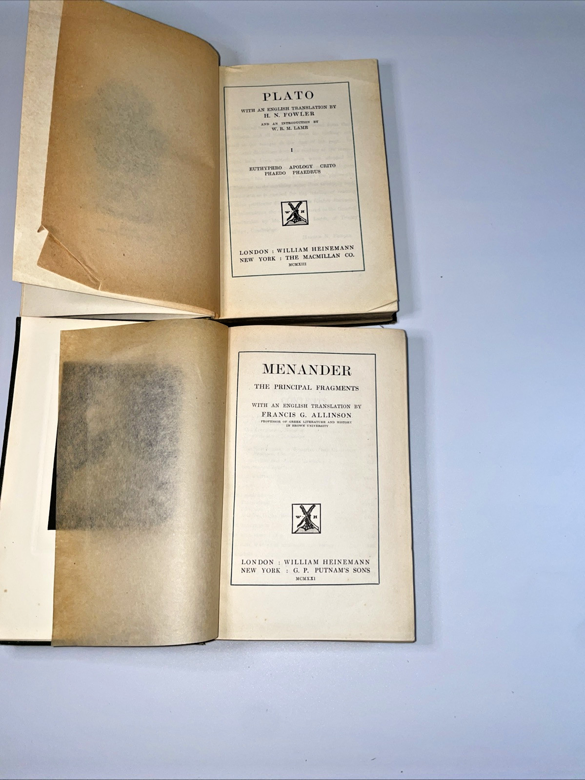 Bundle x2 Heinemann Collection Plato & Menander – 1921/1923