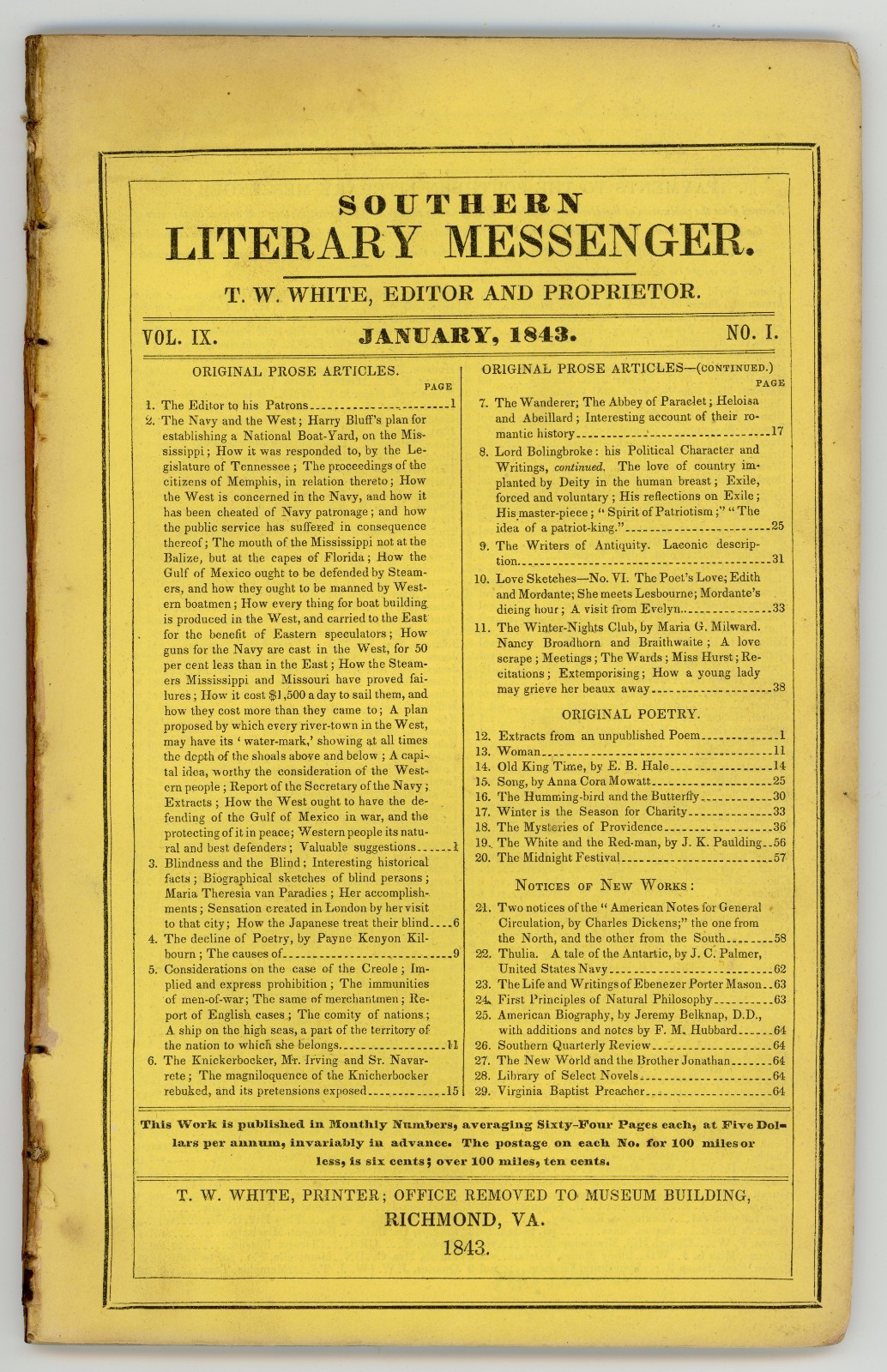 1843 Southern Literary Messenger January Issue Dickens American Notes Review