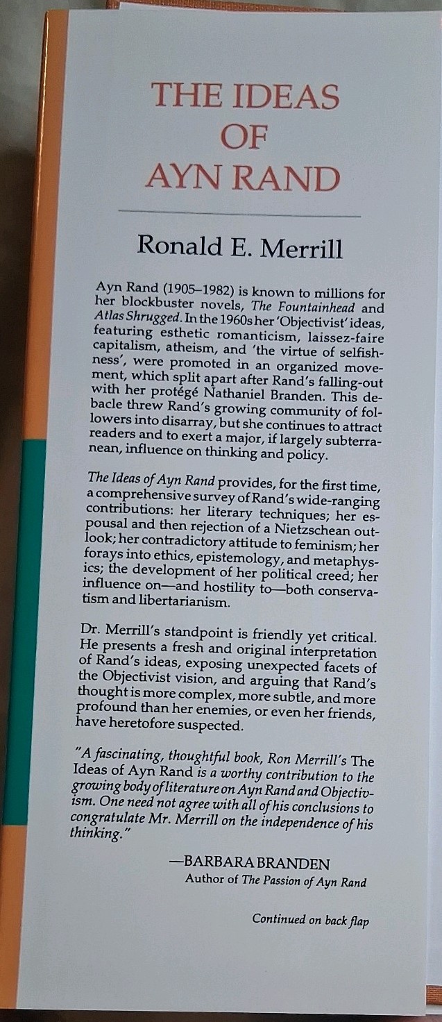 The Ideas of Ayn Rand Ronald E. Merrill 1991 HC/DJ Open Court Pub 1ST PRINTING