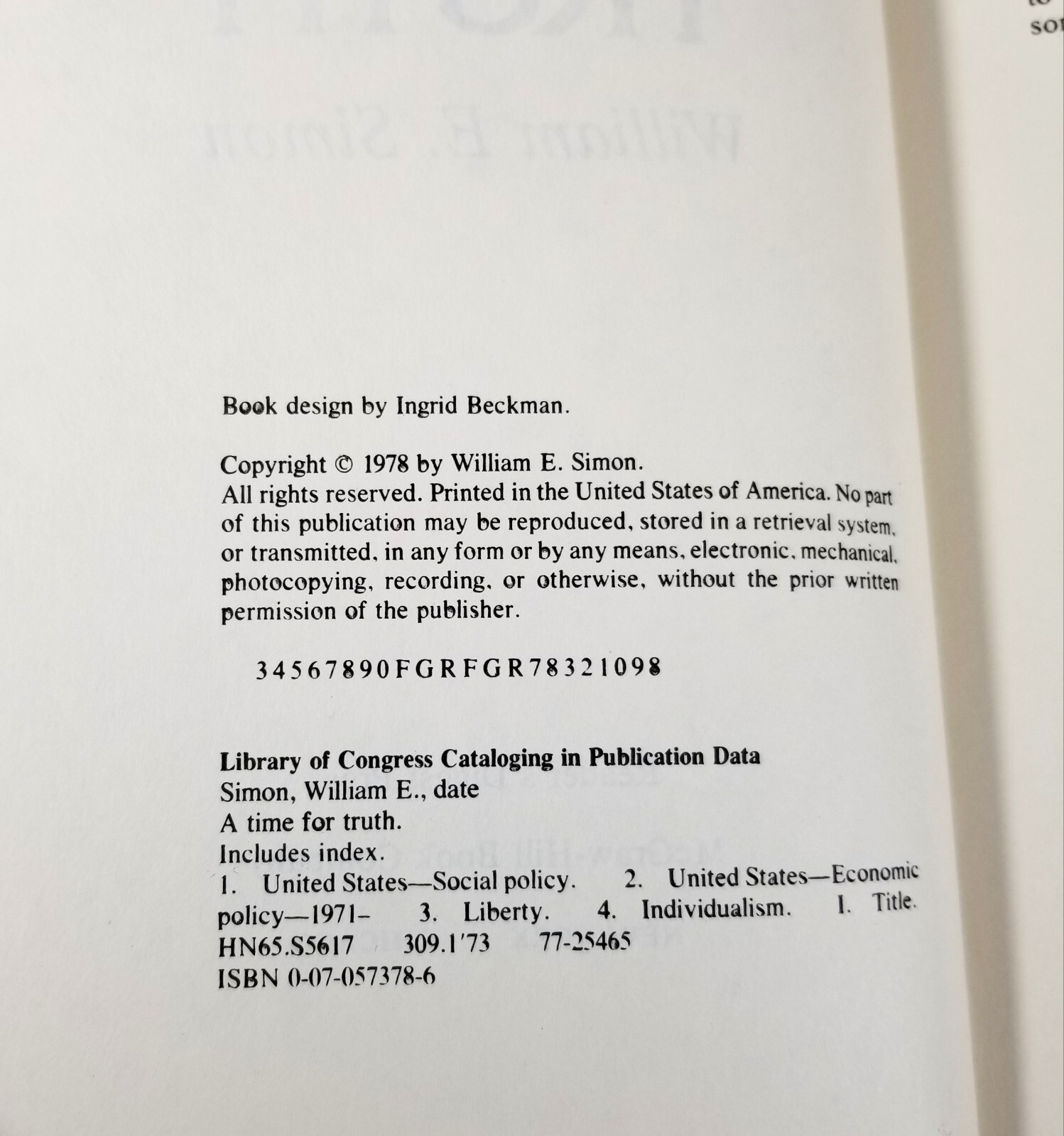 A Time for Truth William E. Simon 1978 Hardcover Economic Political Policies Vtg