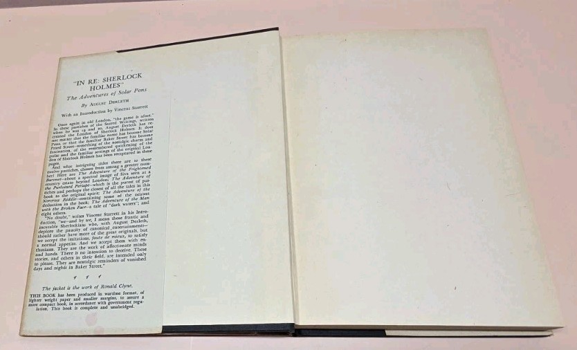 August Derleth In Re Sherlock Holmes 1st Edition 1945 Introducing Solar Pons