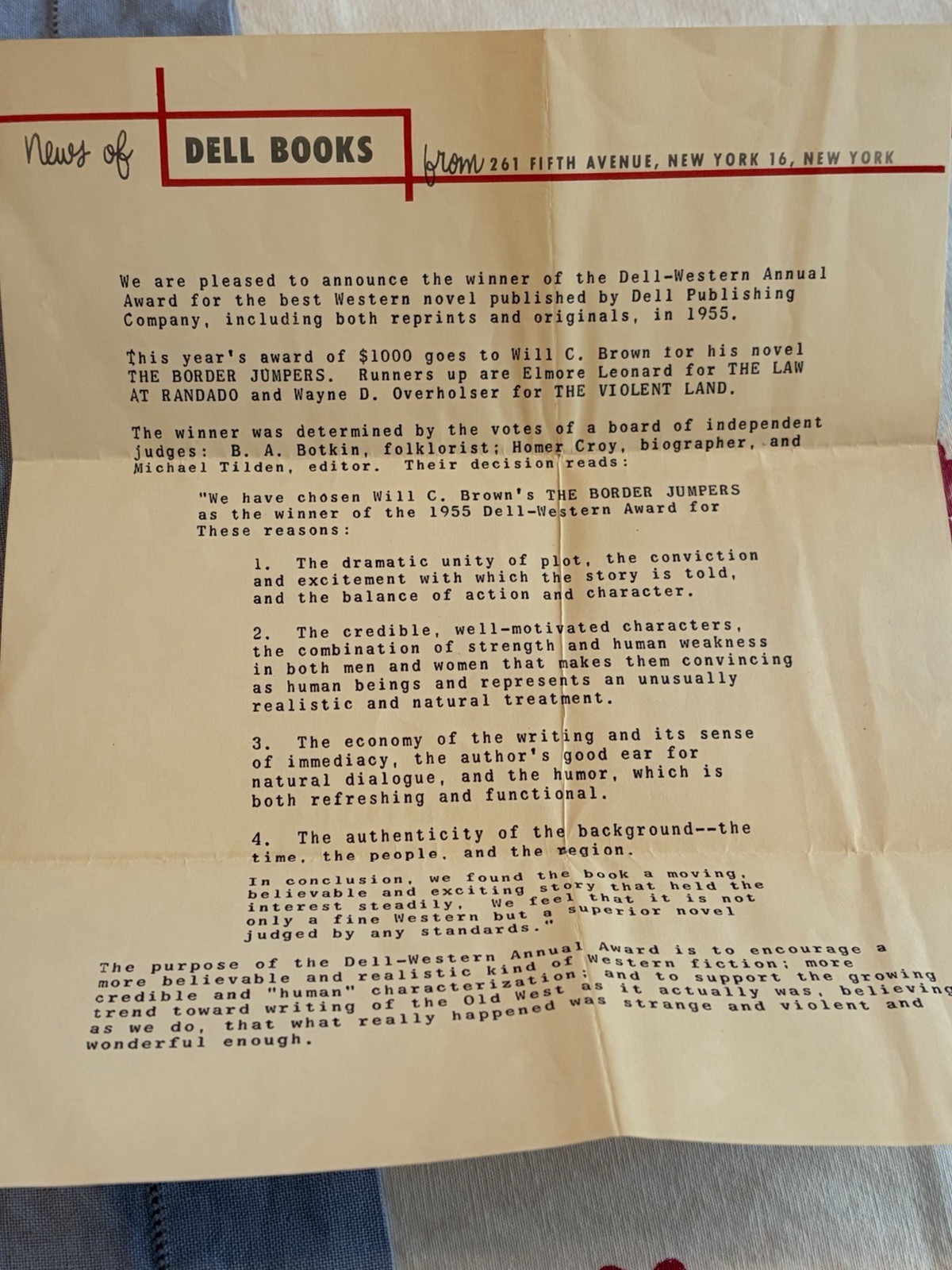 1955 Letter Dell Western Books Will C Brown Border Jumpers Best Novel