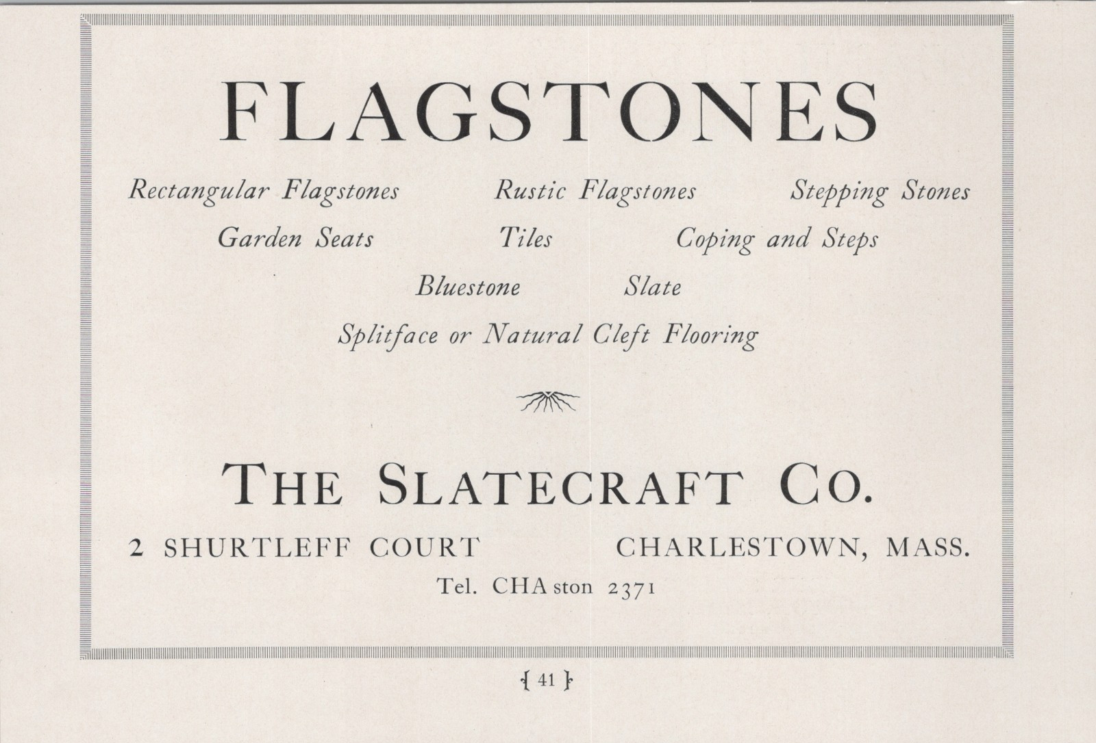 1928 Ad * The Slatecraft Company 2 Shurtleff Court Charlestown MA Flagstones