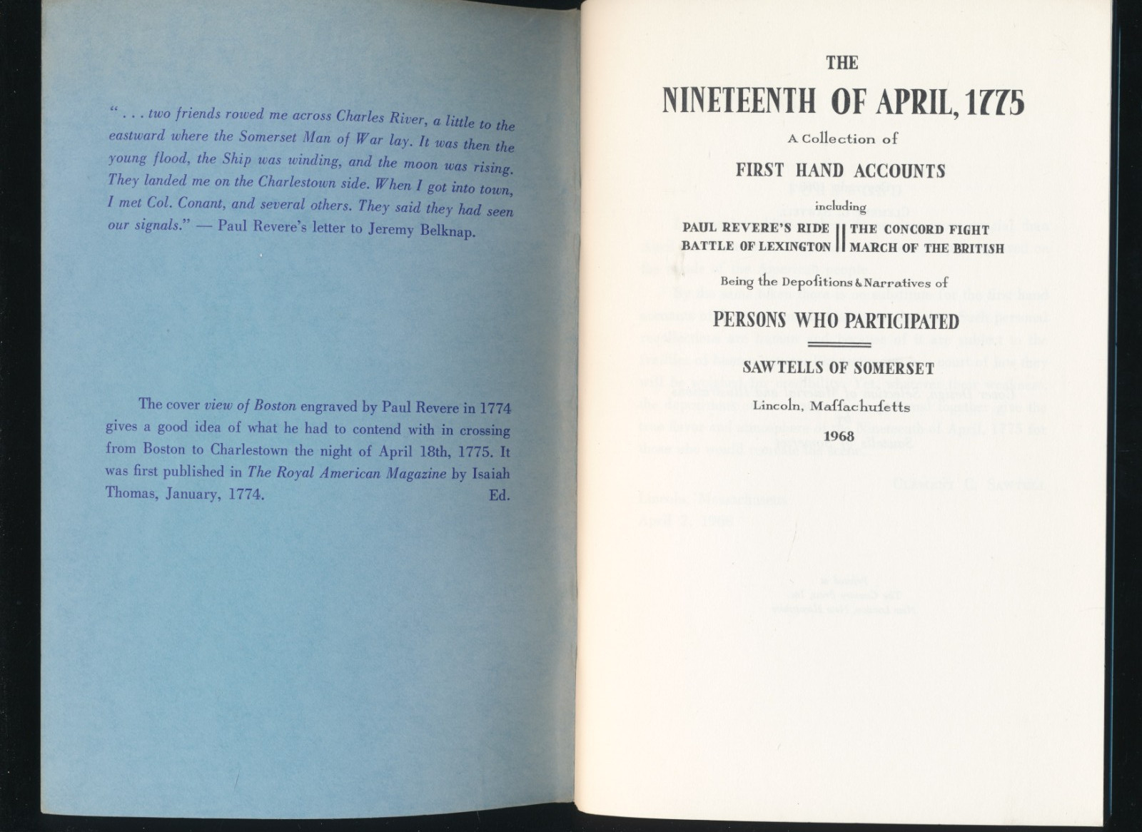 THE NINETEENTH OF APRIL 1775 A COLLECTION OF FIRST HAND ACCOUNTS BOOKLET 1968