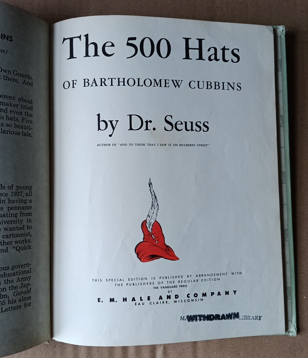 The 500 Hats of Bartholomew Cubbins Dr. Seuss 1938 Special EDITION Vanguard Hale
