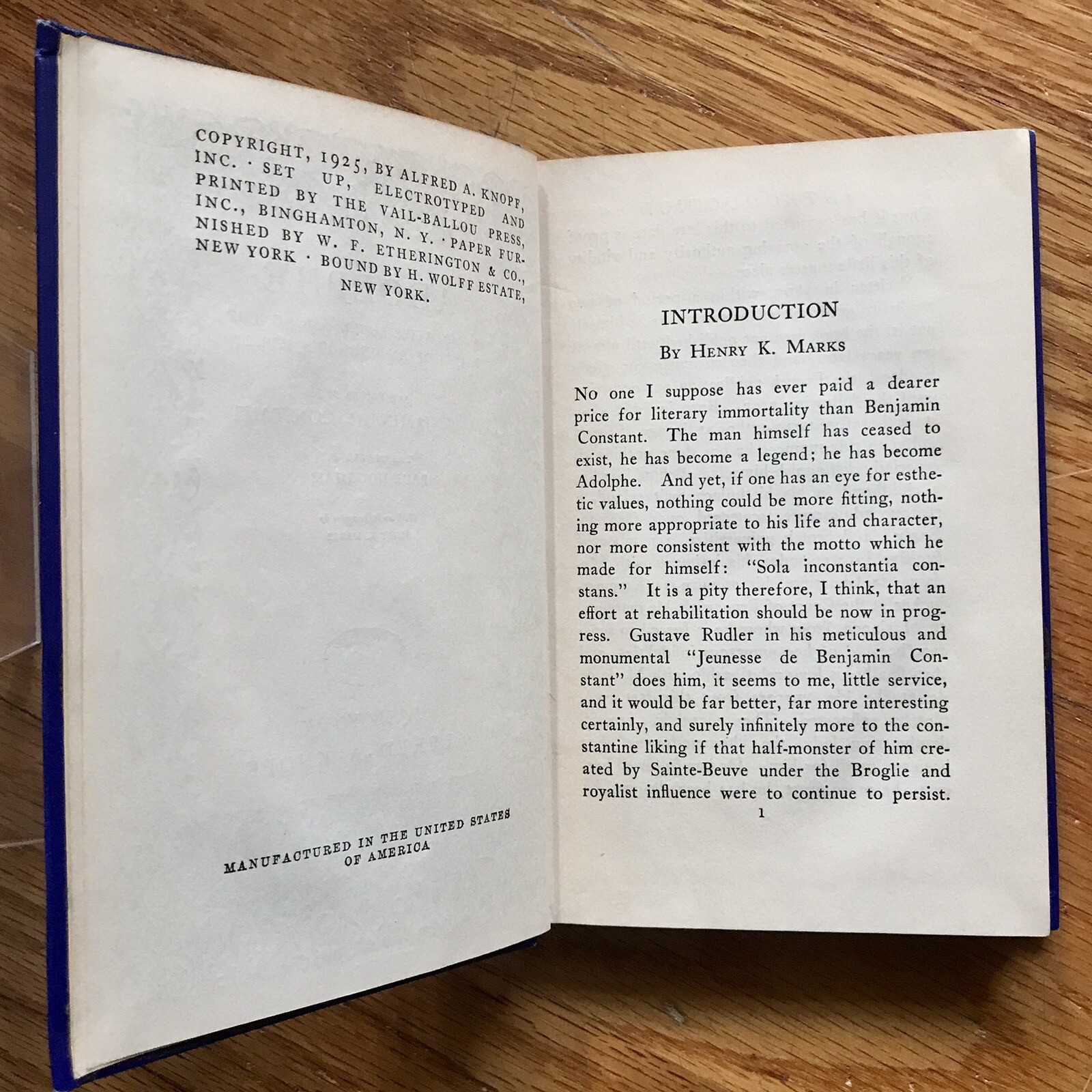 BENJAMIN CONSTANT—Adolphe—Knopf—1925—1st Thus HC—“Original & Touching“—De Stael