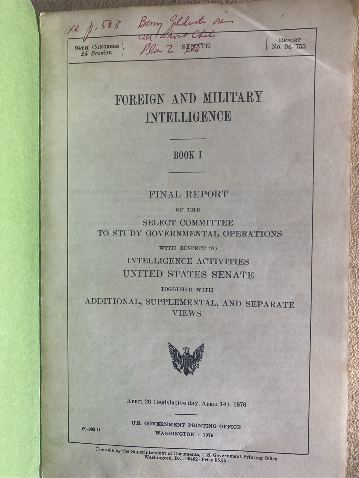 Foreign And Military Intelligence Book 1 1976